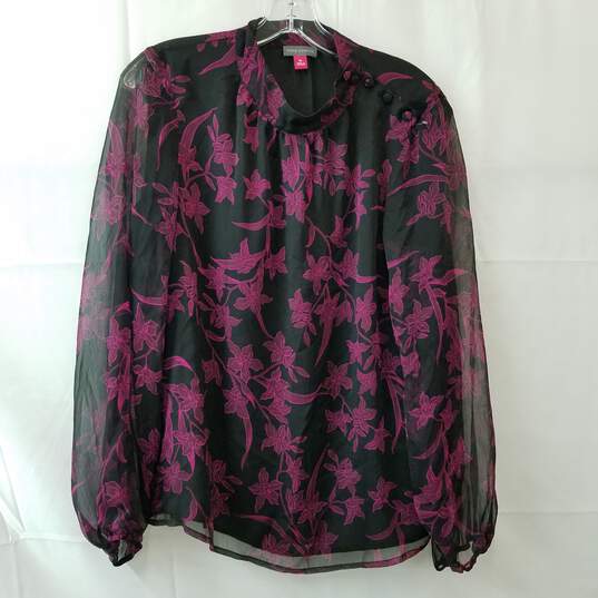 Vince Camuto Floral Pattern Blouse Mock Neck Sheer Sleeve Black Pink Size M image number 1