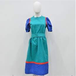 Vintage JC Penney Women's Teal Blue Color Block Red Trim Cotton Dress
