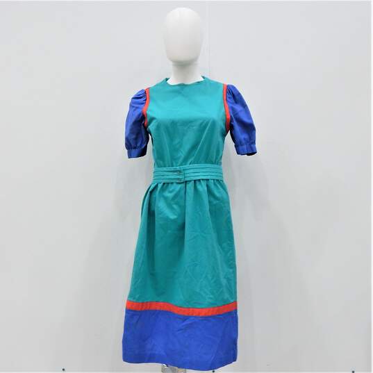 Vintage JC Penney Women's Teal Blue Color Block Red Trim Cotton Dress image number 1