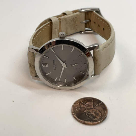 Designer Bulova Silver-Tone Leather Strap Pink Round Dial Analog Wristwatch image number 2