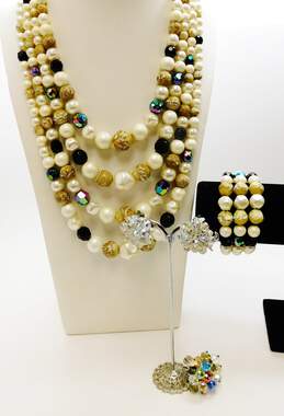 VNTG Star & Fash Aurora Borealis Faux Pearl Clip Earrings Necklace Bracelet Ring