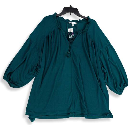 NWT Seven7 Womens Green Ruffle Tie Neck 3/4 Sleeve Pullover Blouse Top Size 2X image number 1