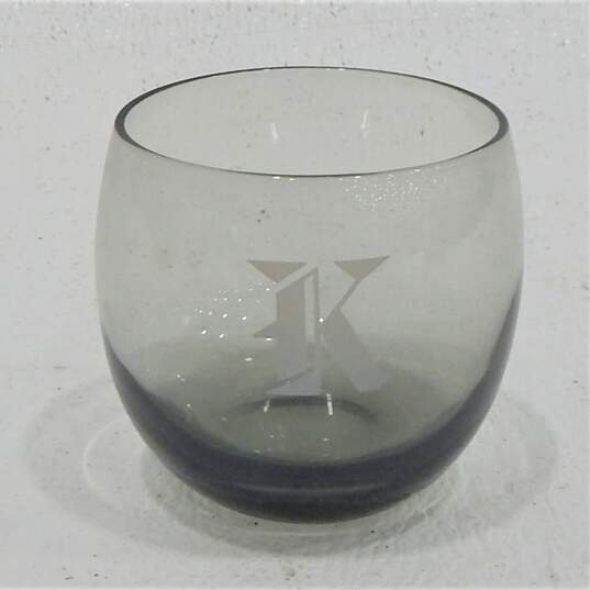 Vintage MCM Smoky Gray Glass Etched K Monogram Rocks Bar Glasses Set of 6 image number 5
