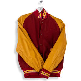 Mens Yellow Red Long Sleeve Collared Pockets Varsity Jacket Size Large