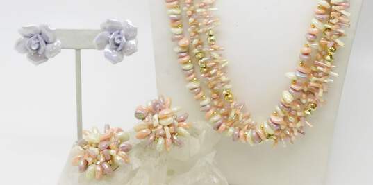 Vintage Iridescent Pastel Multi Strand Beaded Necklace & Floral & Beaded Clip On Earrings 86.5g image number 1