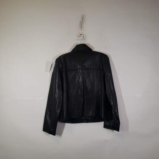 Womens Leather Long Sleeve Collared Motorcycle Jacket Size Medium image number 2