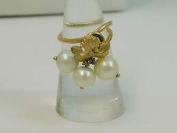Romantic 14K Yellow Gold Faux Pearl & Leaf Ring 4.9g alternative image