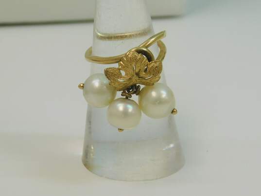 Romantic 14K Yellow Gold Faux Pearl & Leaf Ring 4.9g image number 2
