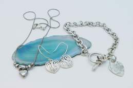 Romantic Sterling Silver Heart Pendant Necklace & Toggle Bracelet & Heart Earrings 31.6g