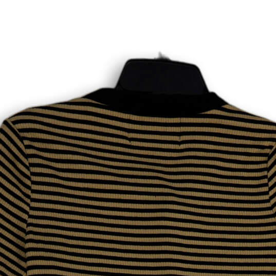 Womens Black Tan Striped Henley Neck 3/4 Sleeve Pullover T-Shirt Size P/S image number 4