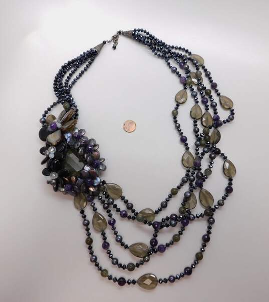 Artisan 925 Labradorite Amethyst Coin Pearls Agate Angelite & Onyx Floral Cluster Pendant Multi Strand Statement Necklace 433.7g image number 5
