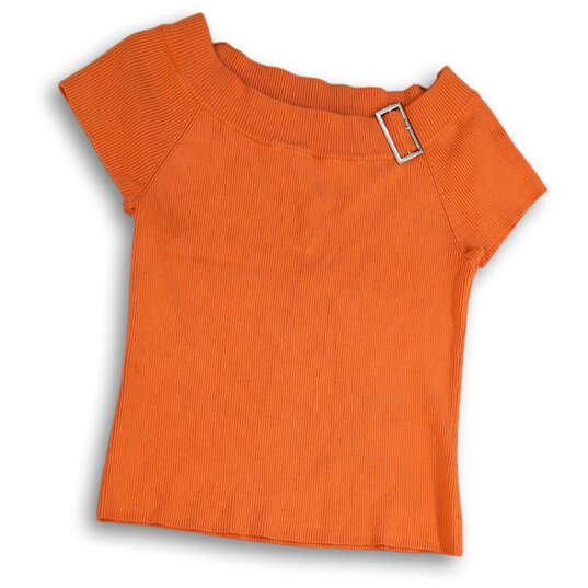 Womens Orange Short Sleeve Boat Neck Pullover Ribbed Blouse Top Size Large image number 1