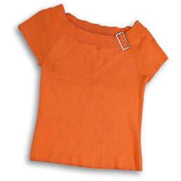 Womens Orange Short Sleeve Boat Neck Pullover Ribbed Blouse Top Size Large
