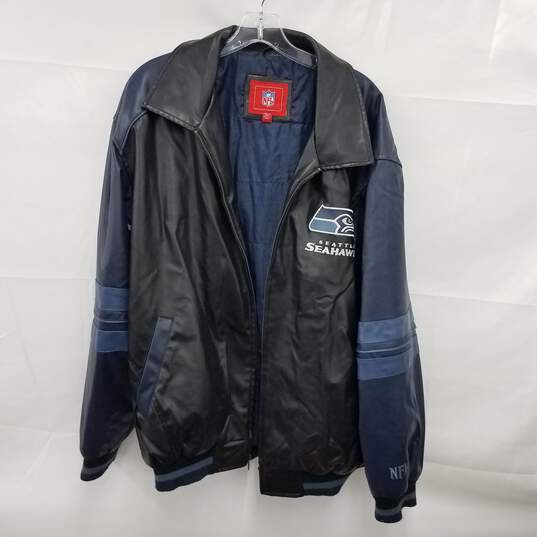 Vintage Seattle Seahawks Black and Blue Bomber Jacket Size L image number 1