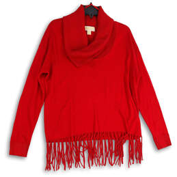 Womens Red Long Sleeve Turtle Neck Fringe Hem Pullover Sweater Size Medium