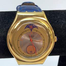 Designer Swatch Watch Gold Tone Blue Leather Strap Analog Dial Quartz Wristwatch