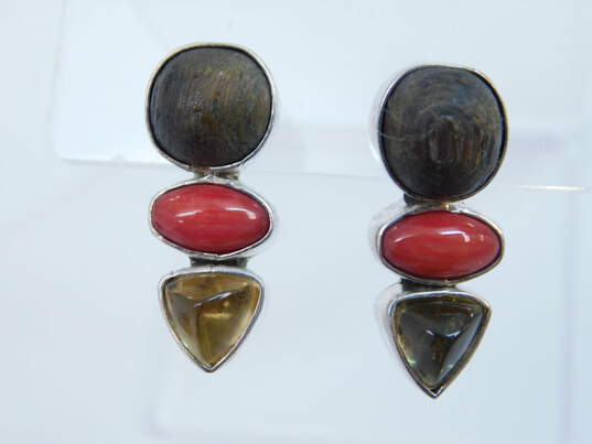 Artisan 925 Citrine Coral & Wood Cabochons Drop Post Earrings 9.2g image number 1