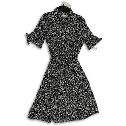 Womens Black White Floral Collared Short Sleeve Tie Waist Shirt Dress Sz 14