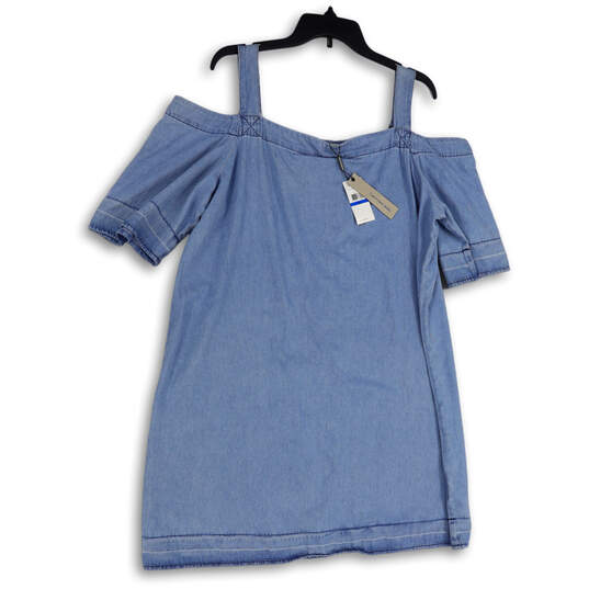 NWT Womens Blue Denim Cold Shoulder Square Neck Mini Dress Size X-Large image number 1