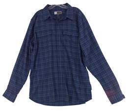 Men Blue Plaid Long Sleeve Front Pocket Button Up Shirt Size Large