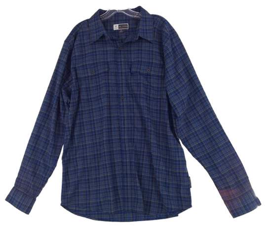 Men Blue Plaid Long Sleeve Front Pocket Button Up Shirt Size Large image number 1