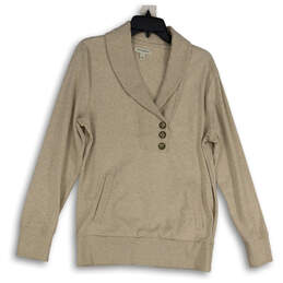 Womens Tan Shawl Neck Long Sleeve Slash Pocket Pullover Sweater Size L