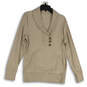 Womens Tan Shawl Neck Long Sleeve Slash Pocket Pullover Sweater Size L image number 1