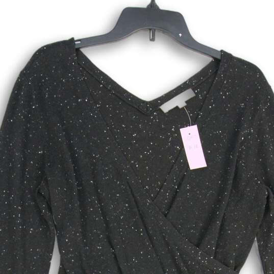 NWT Loft Womens Black Knitted Surplice Neck Long Sleeve Pullover Sweater Dress M image number 3