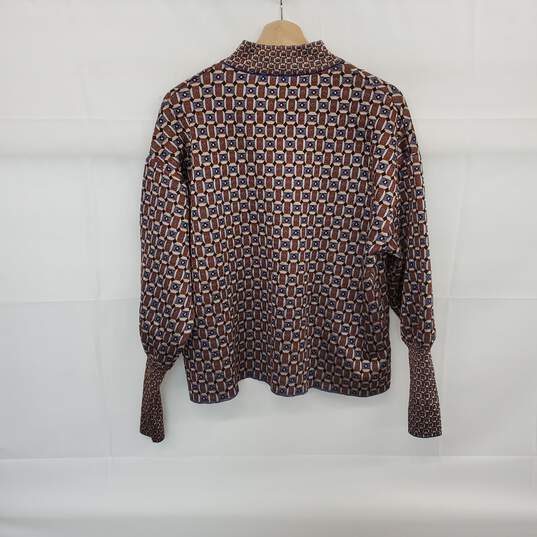 Zara Brown & Blue Geometric Patterned Front Key Whole Knit Top WM Size S NWT image number 2
