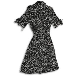 Womens Black White Floral Collared Short Sleeve Tie Waist Shirt Dress Sz 14 alternative image