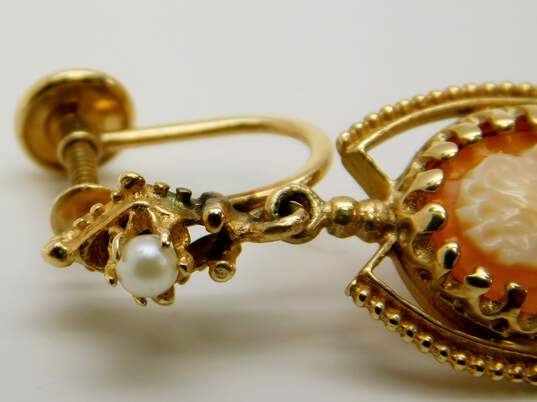 Vintage 14K Gold Seed Pearl & Woman Cameo Intricate Drop Screw Back Earrings 5.4g image number 3