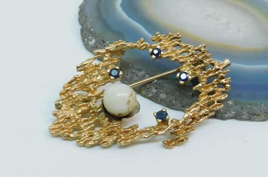 Romantic 12k Yellow Gold Blue Spinel & Pearl Brooch Pin 8.8g image number 9