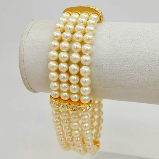 Vintage Christian Dior Icy Rhinestone Gold Tone & Faux Pearl Multi Strand Bracelet 44.9g image number 2
