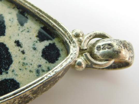 Artisan 925 Dalmatian Jasper Teardrop Cabochon & Smoky Glass Scrolled Pendant 19.4g image number 3