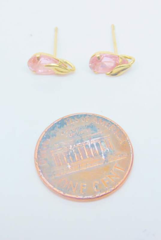14K Gold Pink Cubic Zirconia Faceted Teardrop Leaf Accent Post Earrings 0.9g image number 5