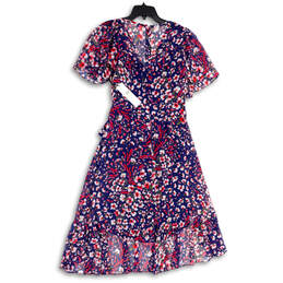 NWT Womens Blue Pink Floral Surplice Neck Hi-Low Hem Back Zip Wrap Dress Size 4 alternative image