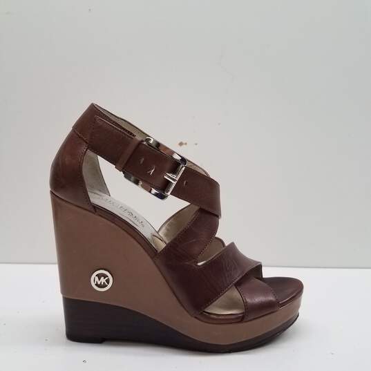 Michael Kors Brown Leather Strap Wedge Sandal Shoes Size 6 M image number 1