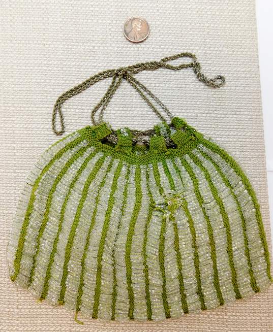 Antique Art Deco Green Clear Beaded Chain Purse - For Repair 167.5g image number 6