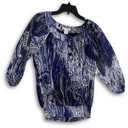 Womens Multicolor Paisley Balloon Sleeve Round Neck Pullover Blouse Top M