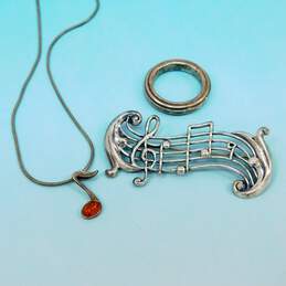 Artisan 925 Sterling Silver Amber Cabochon Music Note Pendant Necklace Music Brooch & Textured Ring 16.8g