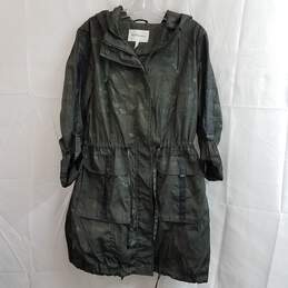 BCBGeneration Women's Hooded Faux-Leather Trim Anorak Rain Jacket Camo Size L