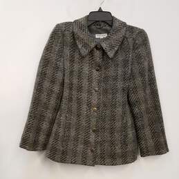 Womens Gray Wool Plaid Long Sleeve Collared Button Front Jacket Size 38