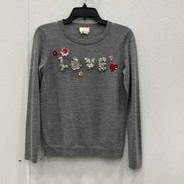 Kate Spade Womens Gray Flowers Knitted Long Sleeve Pullover Sweater Size XS