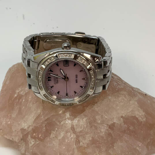 Designer Citizen Eco-Drive Silver-Tone Pink Round Dial Analog Wristwatch image number 1