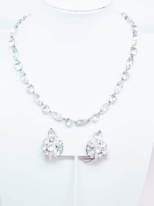 Vintage Eisenberg Ice Icy Rhinestone Silver Tone Necklace & Clip On Earrings 40.9g image number 1
