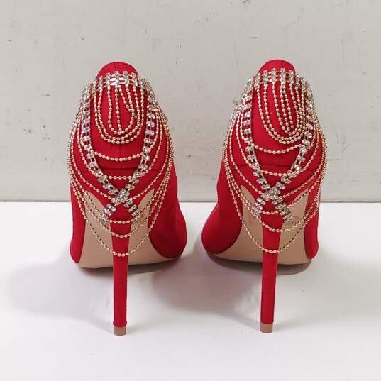 Cathy Din Women's Laurel Red Suede And Rose Gold Metal And Rhinestone Fringe Heels Size 8 image number 4