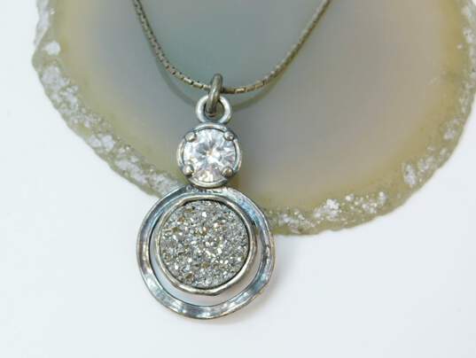 Didae Israel 925 Cubic Zirconia & Grey Druzy Textured Circles Pendant Boston Chain Necklace 6.1g image number 2