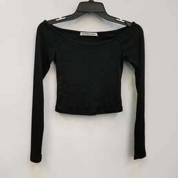 Womens Black Long Sleeve Off Shoulder Casual Pullover Crop Top Size XS