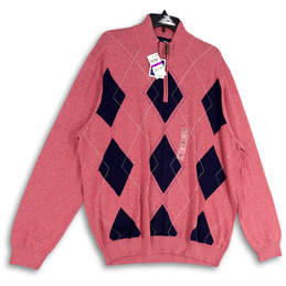 NWT Mens Pink Blue Argyle Tight-Knit Long Sleeve Pullover Sweater Size XXL