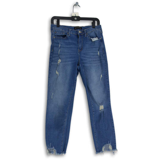 Womens Blue Denim Distressed Raw Hem Slim Fit Straight Leg Jeans Size 6 image number 1